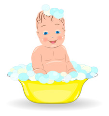 Flat drawing of a child .The child is bathing in the bath. The skin is clean. Body wash. Naked baby. Isolated, white. Vector