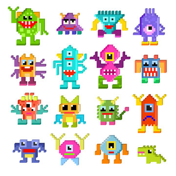 Monster alien vector cartoon pixel monstrous character of monstrosity and alienation illustration monstrously set of cute alienated pixy creature on halloween for kids isolated on white background