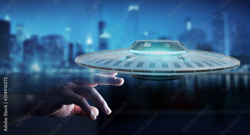 Poster businessman with retro ufo spaceship 3d rendering