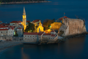 Top view of the old town Budva in night Montenegro