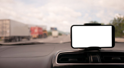 Obraz na płótnie Canvas smartphone on the front handle of the car with white screen
