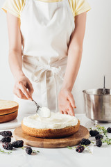Obraz na płótnie Canvas cropped shot of woman in white apron applying cream onto freshly baked cake on white