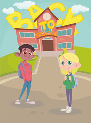 set of student students. Black boy and blonde girl. Background back to school
