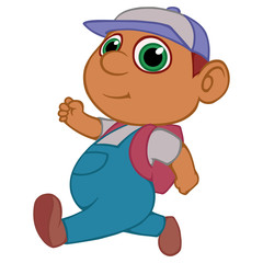 vector character. boy in overalls with a backpack is coming
