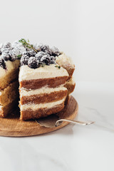 close-up shot of delicious sliced blackberry cake on wooden cutting board with cake server