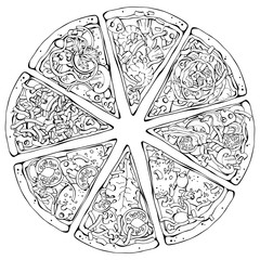 Group of vector illustrations on the pizza theme; pieces of pizza from different recipes.