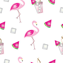seamless pattern with flamingos, watermelons and cocktails - summer theme - white background