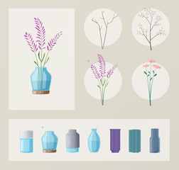 Set of flowers and vases. Cartoon vector illustration. Green home