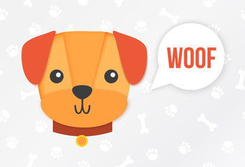 Cartoon dog with pattern of paw on grey background. Vector illustration with copy space and isolated pet. Paper cut and flat style. Veterinary banner.