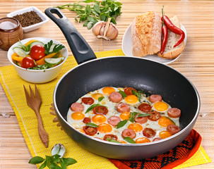 Fried eggs with sausage and tomatoes  in  frying pan  served with salad and bread.