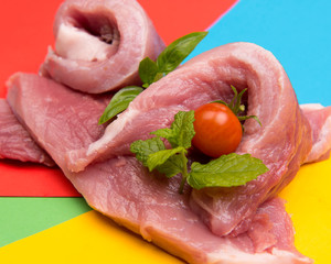 raw meat on colorful backgrounds with vegetables