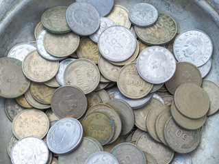 old turkish coins in the metal plate