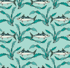 Mackerel and seaweed seamless pattern