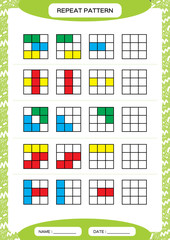 Repeat pattern. Cube grid with colorfull squares. Special for preschool kids. Worksheet for practicing fine motor skills. Improving skills tasks. Green A4. Snap game.3x3