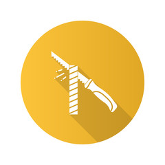 Pad saw cutting wooden plank flat linear long shadow icon