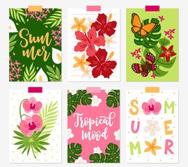 Set of jungle greeting cards with hibiscus, orchids, butterflies, plumeria