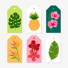 Set of jungle Gift Tags with monstera leaf, pineapple, orchid