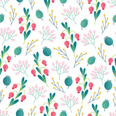 Floral seamless pattern with flowers, herbs, berries and leaves