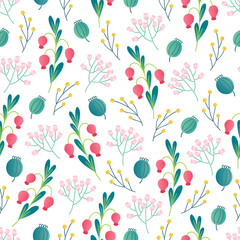 Floral seamless pattern with flowers, herbs, berries and leaves