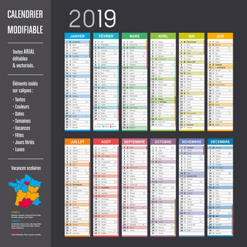 Calendrier 2019 modifiable (éléments isolés sur calques, textes en ARIAL éditables et vectorisés)