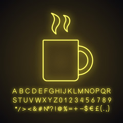Cup with hot drink neon light icon