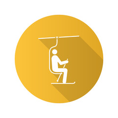 Ski chairlift with skier flat design long shadow glyph icon