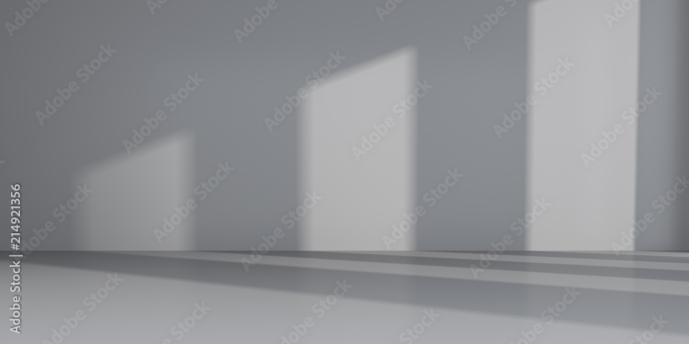 Poster Abstract of empty room space with sun light cast the window shadow on the wall and floor,Perspective of minimal design architecture.3d render	
