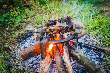 Mutton skewers grilling on a barbecue on top of charcoal grill,Traditional Barbecue style