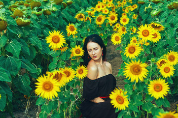 portrait of a young romantic woman in sunflowers