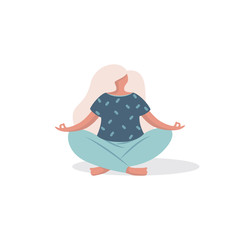Vector illustration, woman character sitting in a yoga pose in a modern flat style.