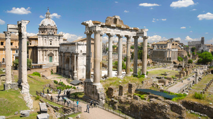 Fototapeta na wymiar Roman Forum museum, group of tourists enjoying interesting tour, go sightseeing