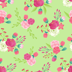 Floral seamless pattern with bouquets - peony, roses, branches, anemone, berries