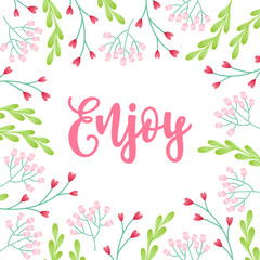 Romantic greeting card with flowers and herbs on white background