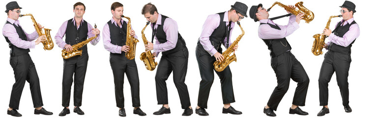 Full length profile shot of a  man playing a saxophone isolated on white background collage