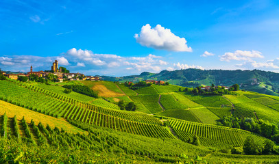 Langhe vineyards sunset panorama, Serralunga Alba, Piedmont, Italy Europe.