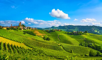 Rolgordijnen Langhe wijngaarden zonsondergang panorama, Serralunga Alba, Piemonte, Italië Europa. © stevanzz