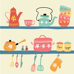 hand drawn pastel vintage kitchenware set