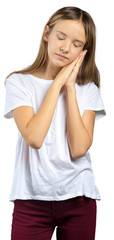 Beautiful young woman sleeping tired dreaming and posing with hands together