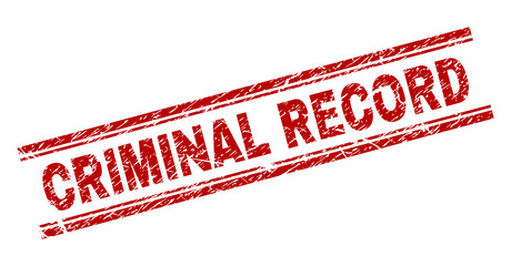 CRIMINAL RECORD seal print with grunge effect. Red vector rubber print of CRIMINAL RECORD text with corroded texture. Text label is placed between double parallel lines.