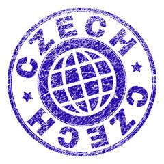 CZECH stamp imprint with grunge texture. Blue vector rubber seal imprint of CZECH caption with scratched texture. Seal has words arranged by circle and planet symbol.