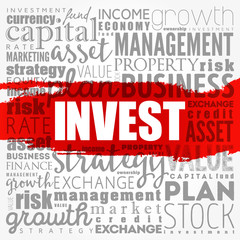 Invest word cloud collage, business concept background