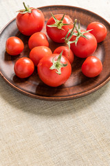 Fresh tomatoes in a clay plate on a rustic linen napkin - close-up, copy space