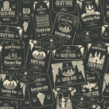 Vector seamless pattern on the theme of wine with various wine labels with images of grapes, landscapes, winery, castles, sailboats, fruits and other in retro style on black background