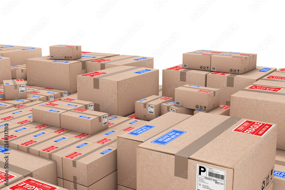 Poster Logistics Concept. Stack of Cardboard Boxes in Warehouse. 3d Rendering