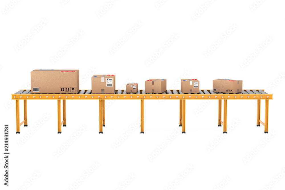 Poster parcel cardboard boxes over roller conveyor line. 3d rendering
