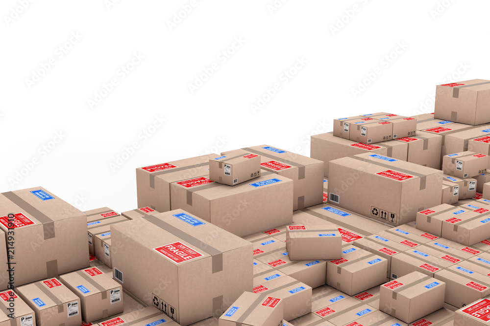 Poster logistics concept. stack of cardboard boxes in warehouse. 3d rendering