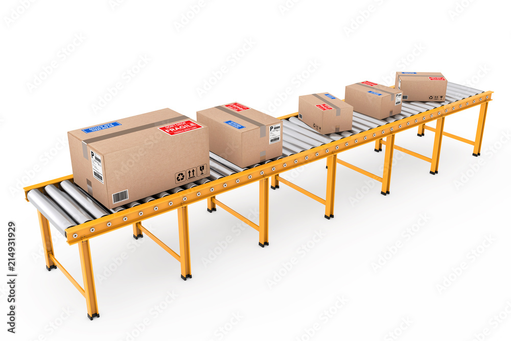 Poster parcel cardboard boxes over roller conveyor line. 3d rendering