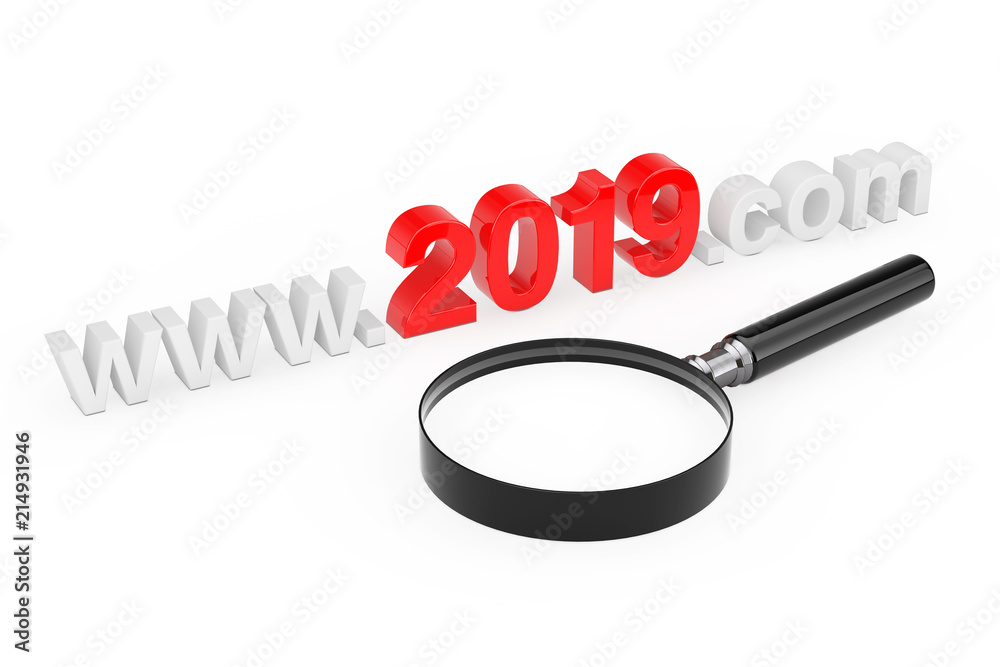 Poster 2019 New Year Concept. WWW 2019 Com Site Name with Magnifying Glass. 3d Rendering