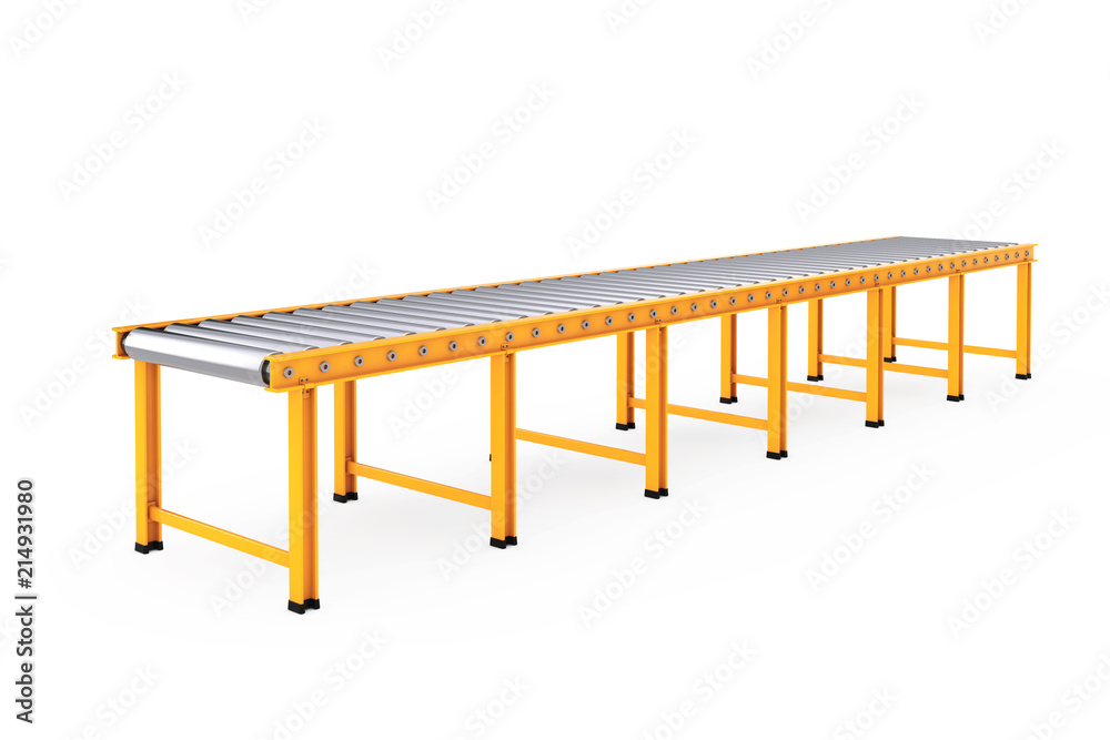 Poster Empty Roller Conveyor Line. 3d Rendering