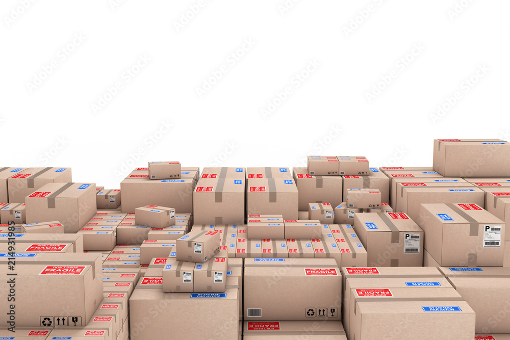 Poster Logistics Concept. Stack of Cardboard Boxes in Warehouse. 3d Rendering